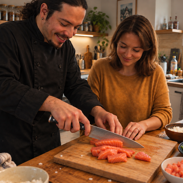 Cours de cuisine japonaise à domicile : découpe du saumon pour un sushi maison